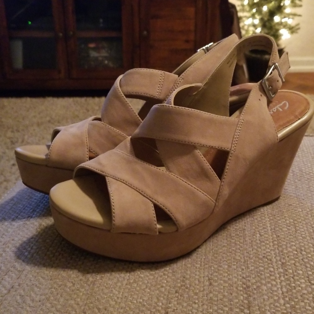 Clark's Artisan Suede criss cross strap wedge